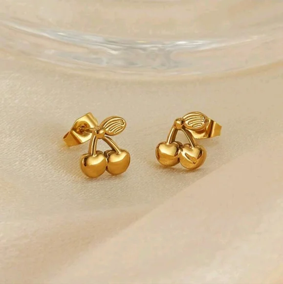 Gold Cherry Stud Earrings - Picture 3 of 3